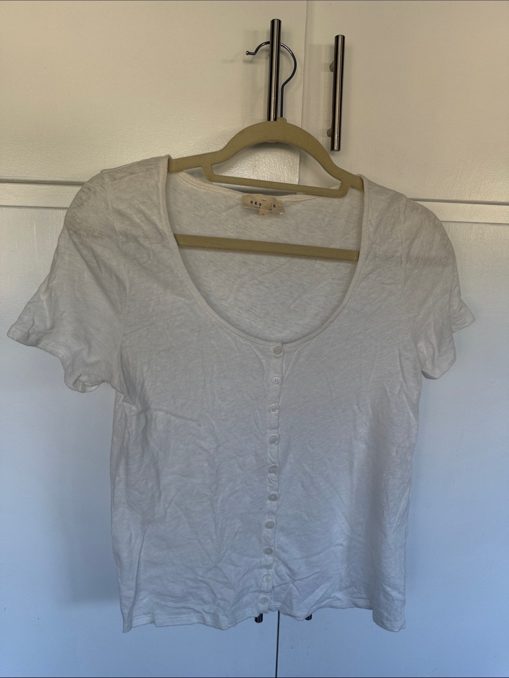 Sezane White Button-Front Scoop Neck Tee